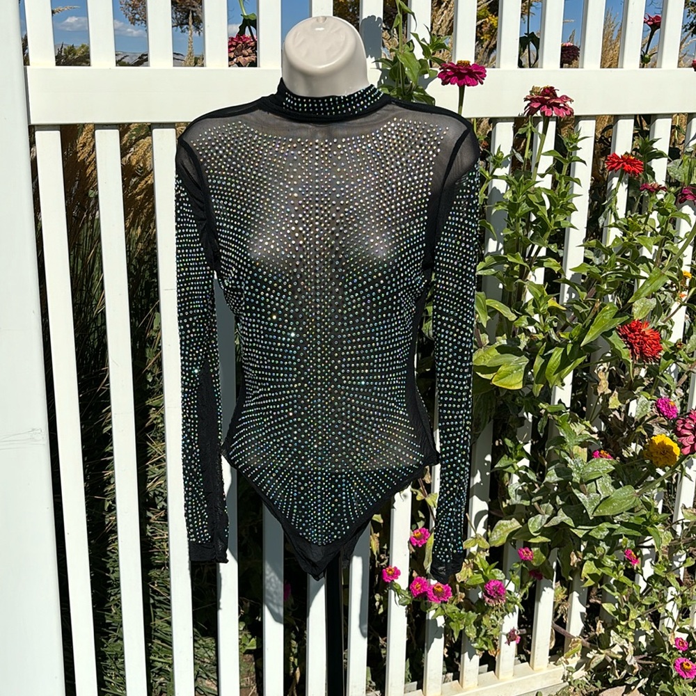 Shear Black Bling Bodysuit Size S NWOT